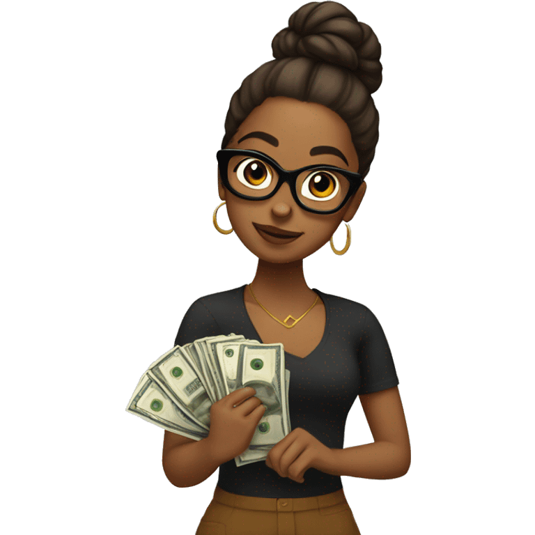 Sassy Brown girl holding money with glasses on and her hair in a bun emoji