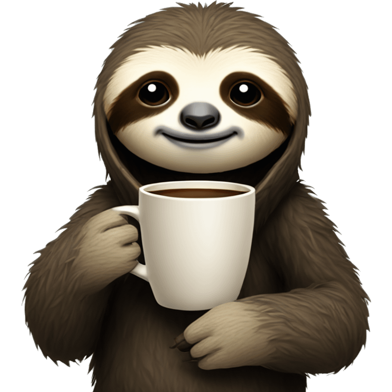 Cute sleepy Sloth in black turtleneck with coffee mug simple clean ios emoji