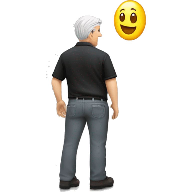 Technician with grey hair wearing a black polo shirt installs a TV onto a white wall of an exhibition stand emoji