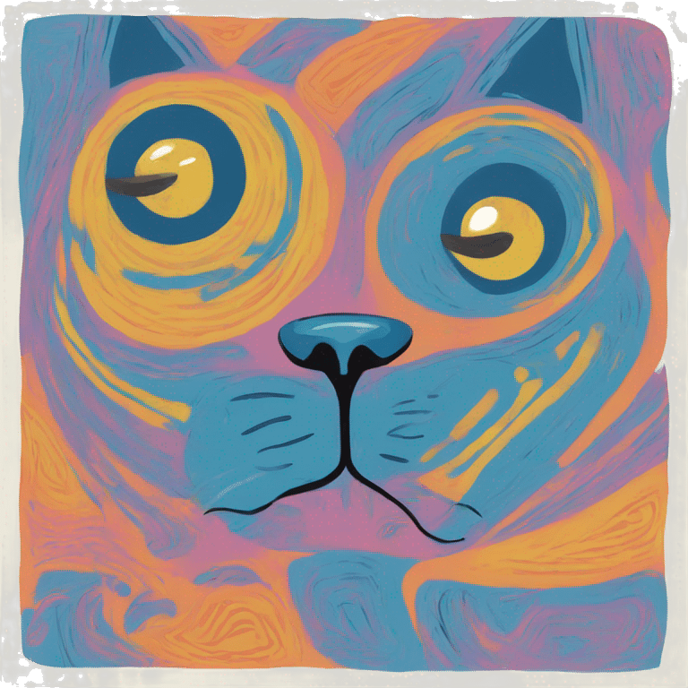 Abstract quirky funky cat made of different shapes and squiggles linocut multicoloured illustrations  emoji