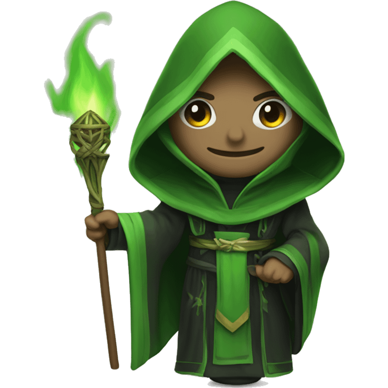 hooded ritual leader presenting green flame with hex BDFF6D. make robes matching emoji