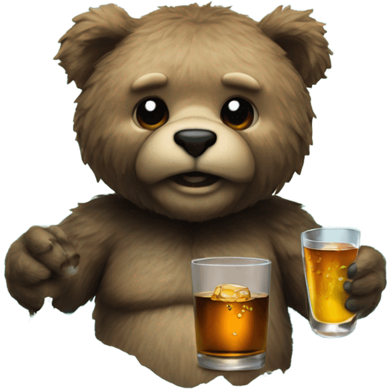 gruff teddy bear holding a shot glass of liquor in the ocean emoji