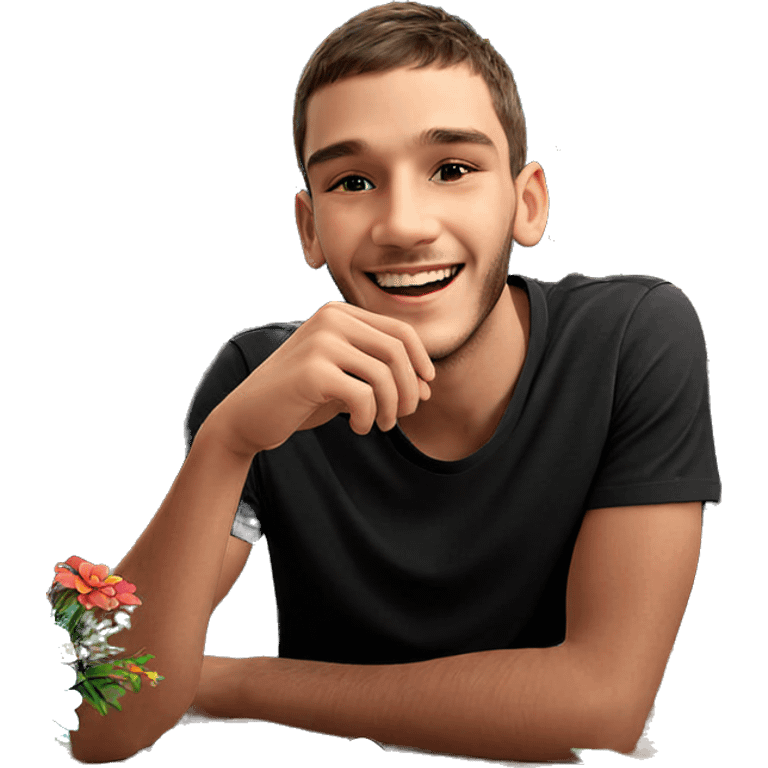 smiling boy with flowers indoors emoji