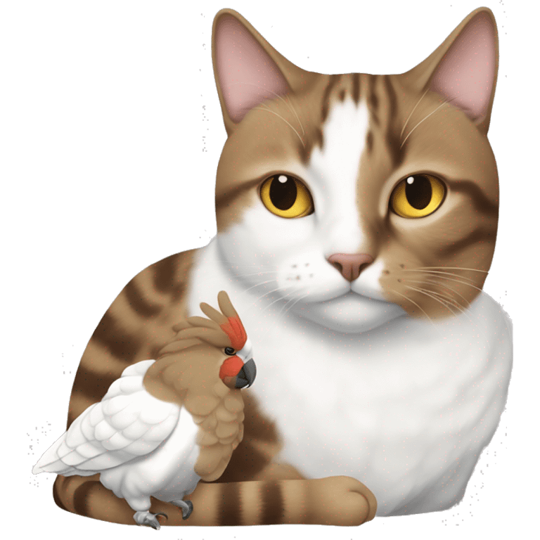 Brown tabby cat and white cockatoo napping together. emoji