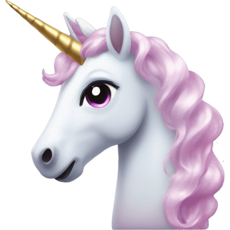 A unicorn with sparkles coming out of the horn and has heart eyes emoji