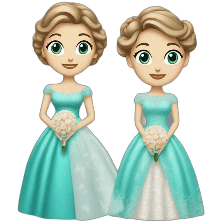 Bride with brown hair into a bun and a lace dress. Mother of the bride with long blonde curls and a turquoise sequined dress with sleeves. emoji