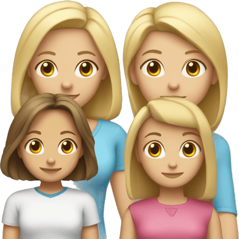 A mom with a bob haircut is a blonde,   A teenage girl with long hair is a blonde,   A younger girl has brown hair,   A 4-year-old boy is blonde. emoji