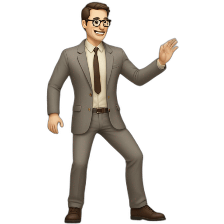 Full height Actively gesturing with hands Pale skinned fit man with dark brown hair in gray jacket, beige office shirt, brown tie, brown pants and vintage glasses. emoji