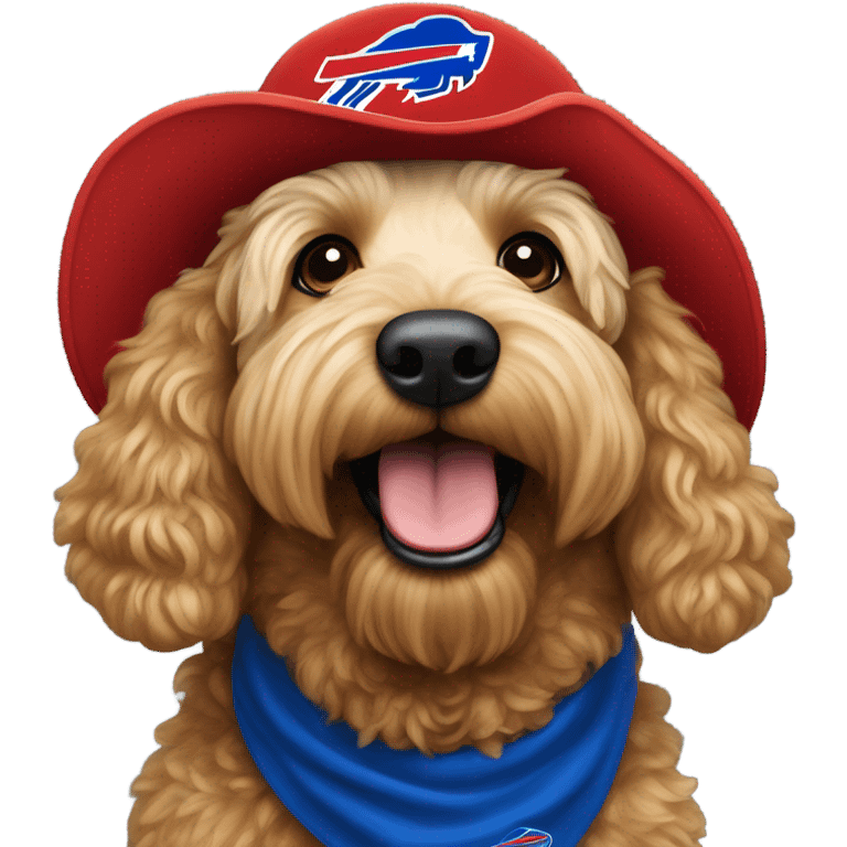 Golden doodle wearing a buffalo bills hat emoji