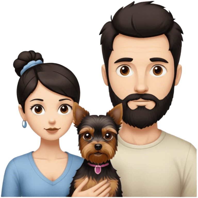 Tall pale guy with dark hair beard no glasses, and short woman with dark hair bun and a yorkshire terrier dog emoji