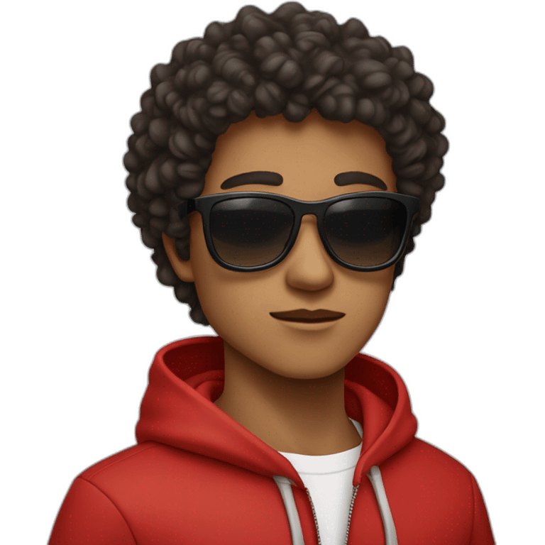 Square-jawed boy with curly hair and a degrade, wearing black sunglasses and a red hoodie. emoji