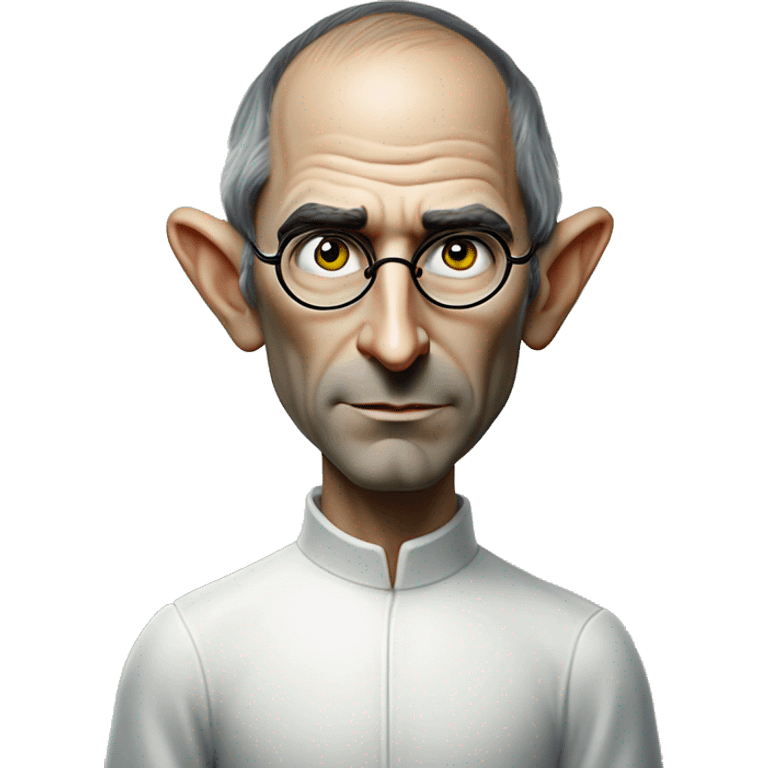 Warcraft elf award winning Steve Jobs in Apple ad style, oil paint, mysterious eyes, intricate lips, masterpiece pose, odd perspective, beautiful, desirable, logical emoji