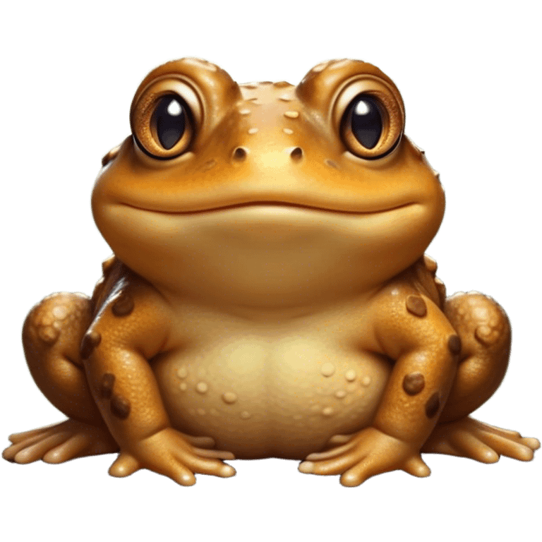 Cinematic Cute Toad Portrait Emoji, Head tilted playfully and inquisitively, featuring a charmingly plump form with bumpy, textured skin in rich earthy hues and round, sparkling eyes full of gentle mischief, Simplified yet irresistibly adorable features, highly detailed, glowing with a warm, friendly woodland glow, high shine, affectionate and lively, stylized with a touch of whimsical nature charm, soft glowing outline, capturing the essence of a mischievous yet loving toad that seems as if it could hop out of the screen into your arms! emoji