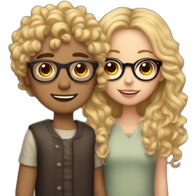 Boy curly blonde hair and glasses kissing girl wavy black hair and glasses emoji