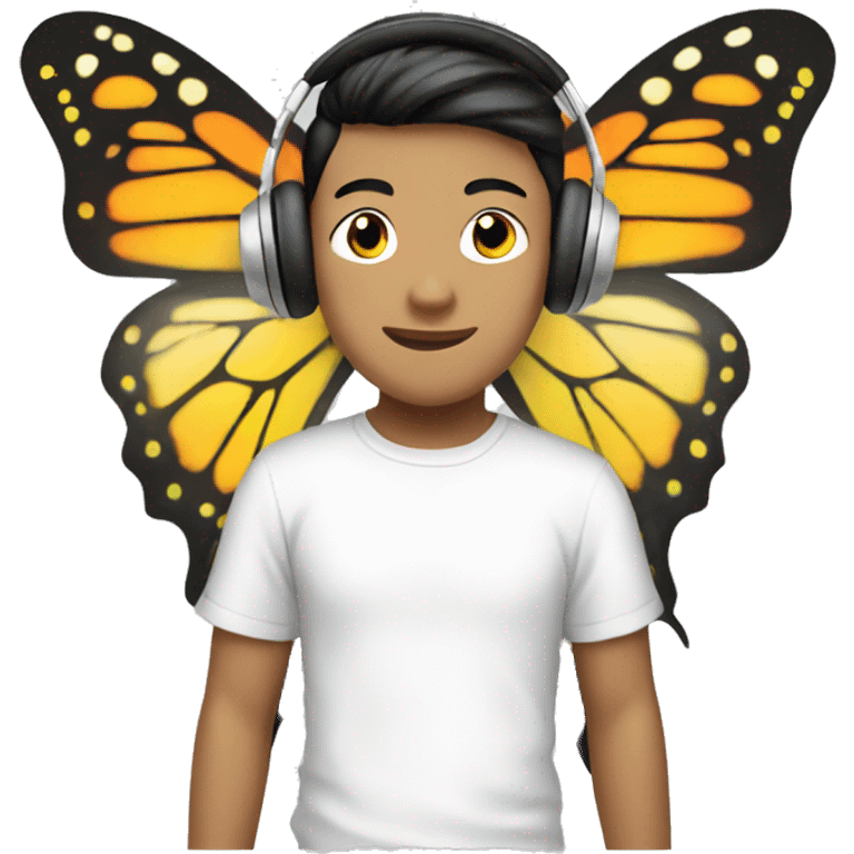 white tshirt asian boy with headphone and butterfly  emoji