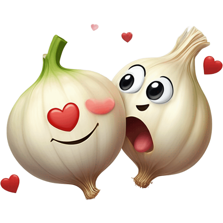  emoji of a cute garlic clove and a smiling onion looking at each other with love. They have big, adorable eyes and rosy cheeks. Small red hearts float around them, and they appear to be blushing, creating a romantic and funny atmosphere. emoji