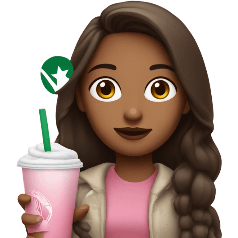 a brunette girl drinking pink starbucks drink emoji