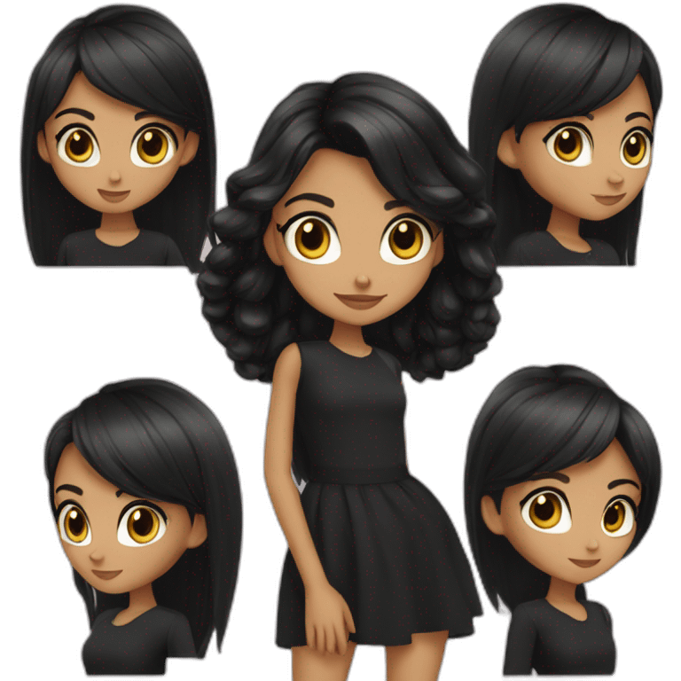 A girl not too white, not too brunette, with big straight black hair divided in the middle, with honey-colored eyes with a black dress with shine emoji