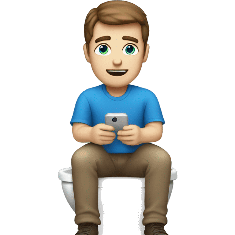 White man with brown hair and blue eyes sitting on the toilet holding a phone emoji