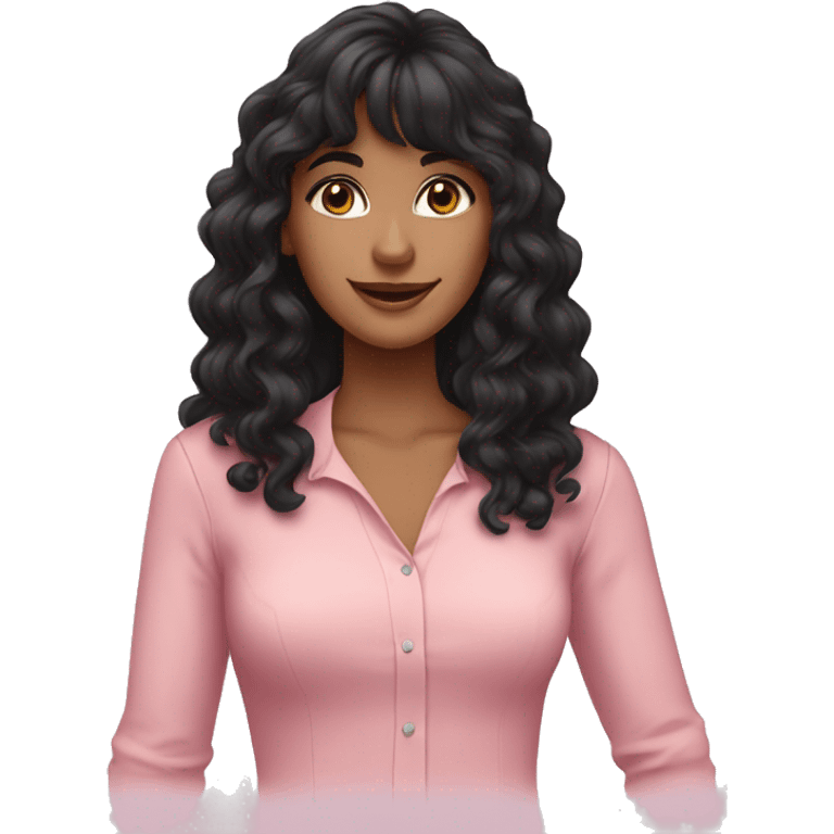 woman with long black curly hair and bangs and dark brown eyes, wearing a pastel pink blouse emoji