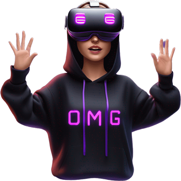 Russian girl wearing black hoody with violet letters "OMG", in vr headset oculus quest2. Standing like jedi. Cyberpunk style. Violet neon. emoji