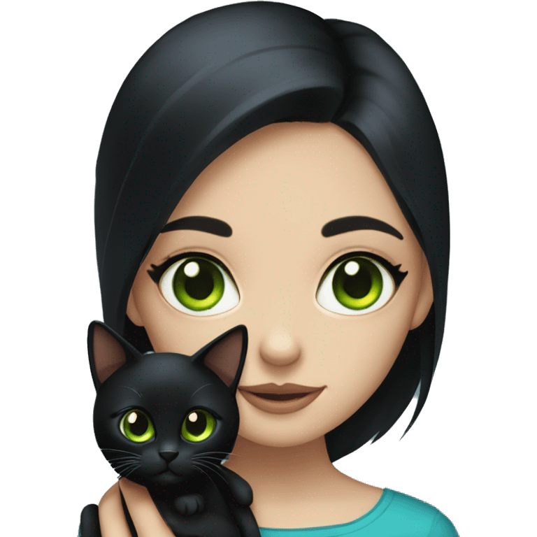 Girl with black hair and blue eyes holding a black cat with green eyes  emoji