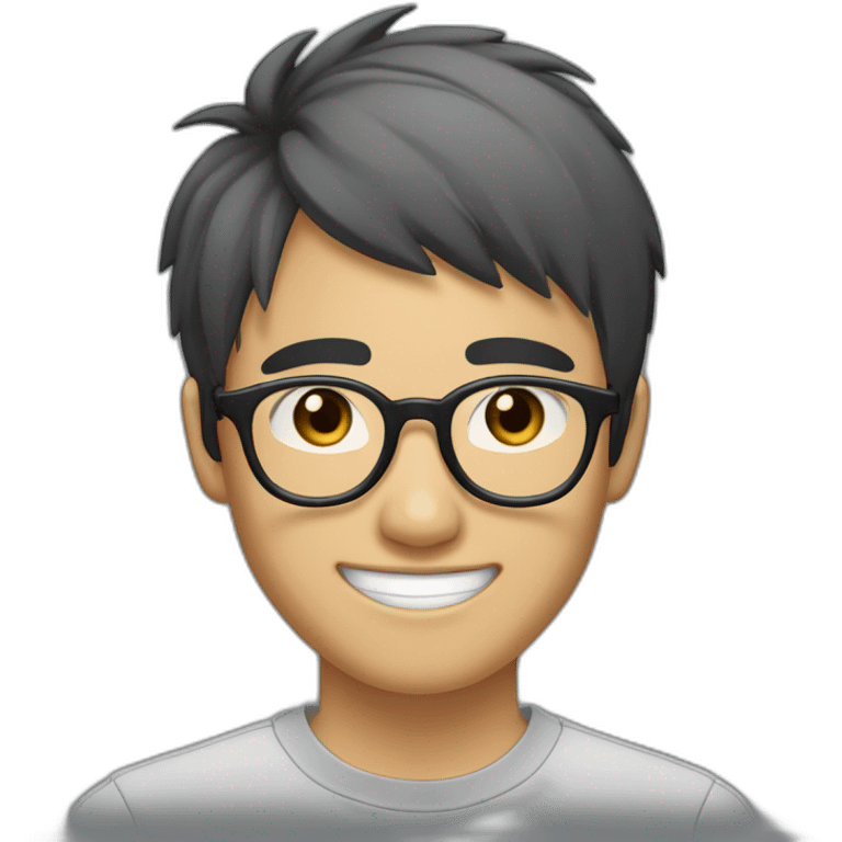 A 20-year-old Asian male wearing transparent gray-framed glasses, with fair skin, black choppy bangs nearing his eyebrows, large eyes, an oval-shaped face, smiling with teeth showing emoji