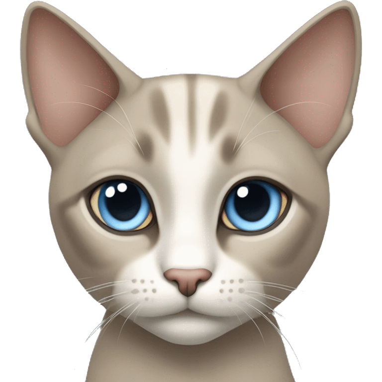 Thai breed cat with a light cream-brown body, dark gray face, ears, and paws. Short fur, sharp ears, and striking light blue eyes with an intense gaze. emoji