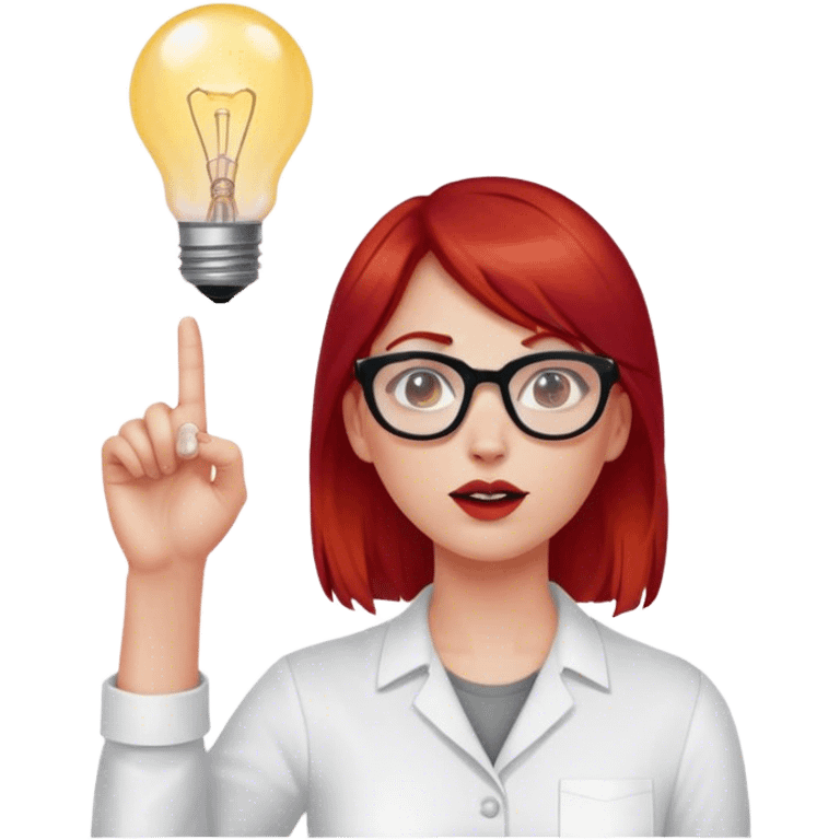 intelligent and clever, 30 year old, girl, red-blood hair, glasses, has an idea and holds her finger in the air, light bulb over the head emoji