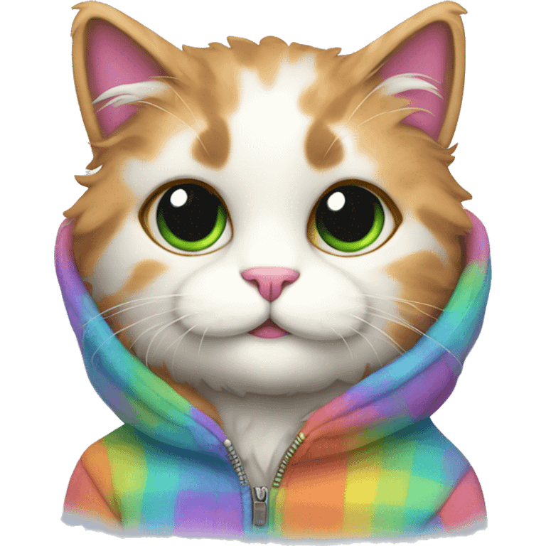 fluffy cat in checkered hoodie with colorful rainbow fur emoji