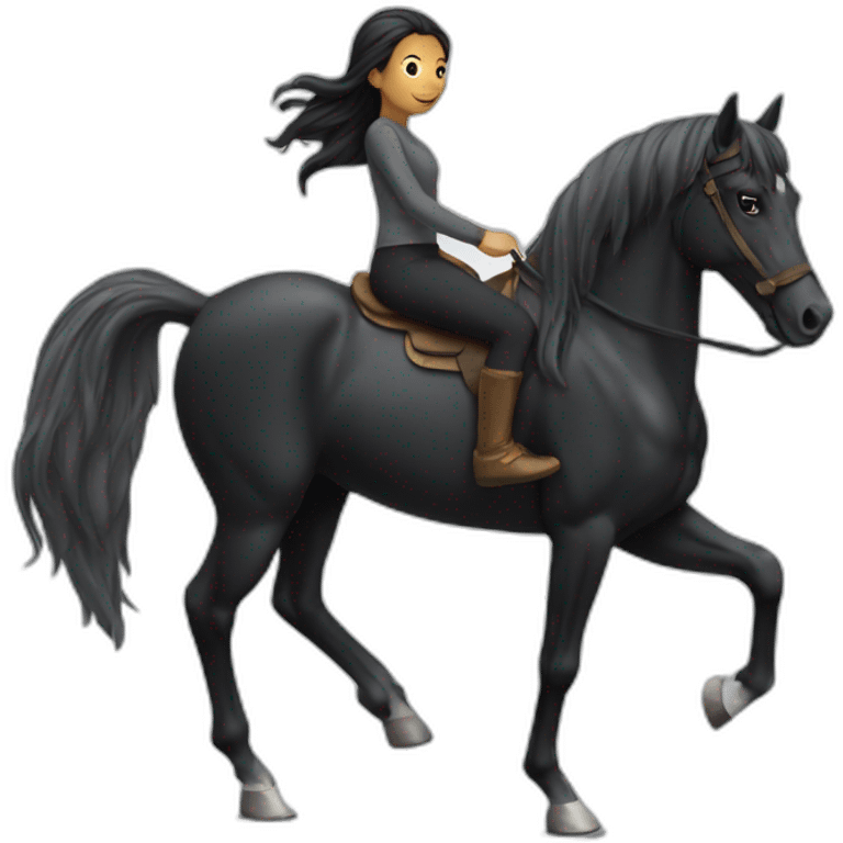 A girl ride of a black horse with a grey foot emoji