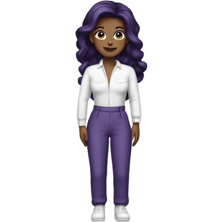 Woman with dark purple hair and white jumpsuit emoji