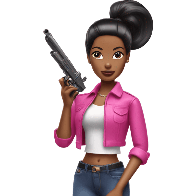 black hair ponytail barbie holding a toy gun emoji