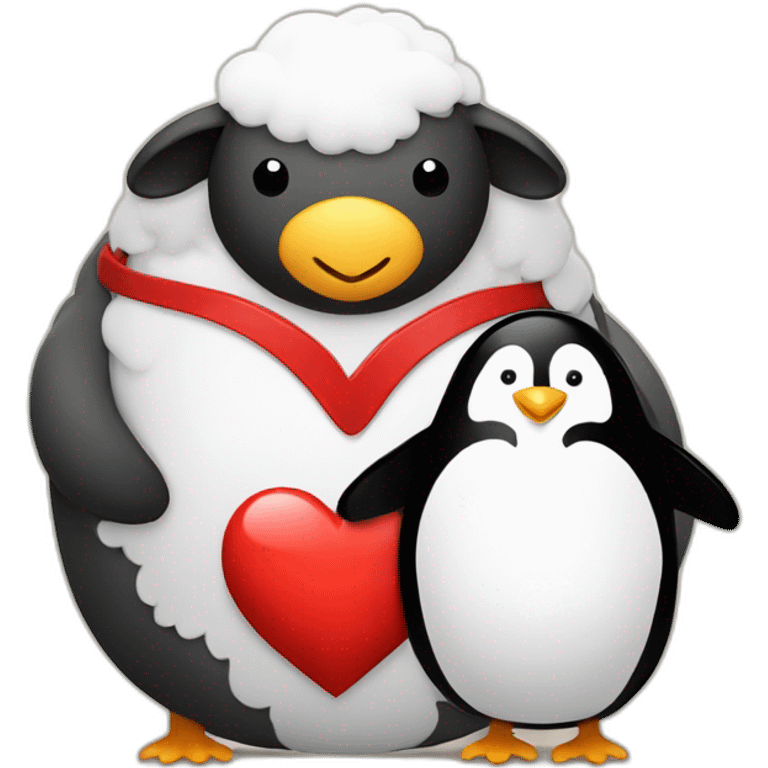 sheep and penguin holding hands with a big heart above them emoji