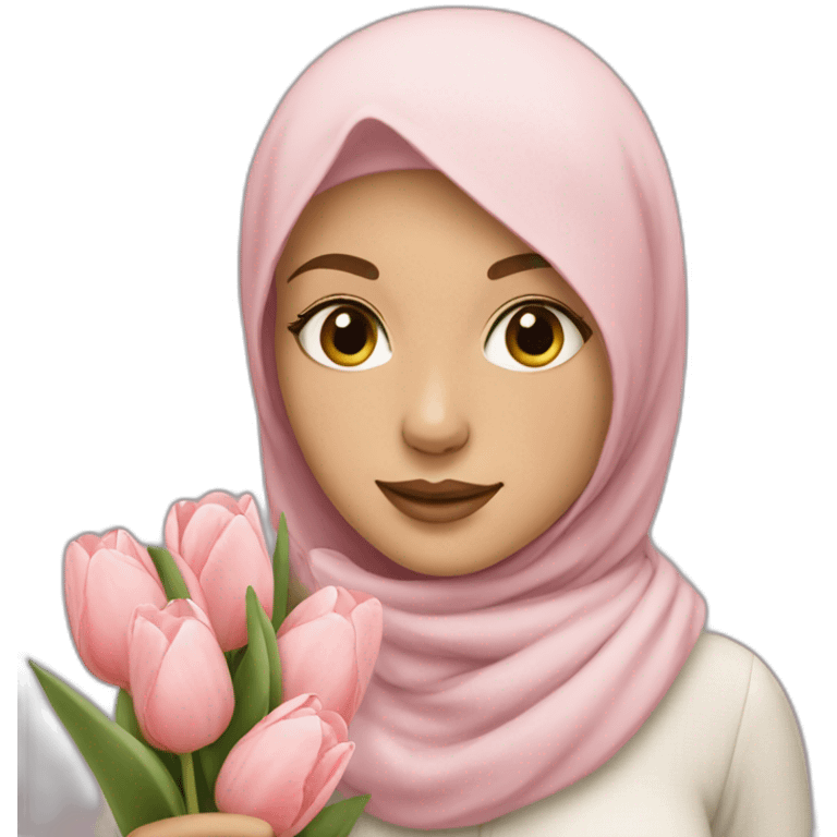 white girl with pastel hijab holding tulips emoji