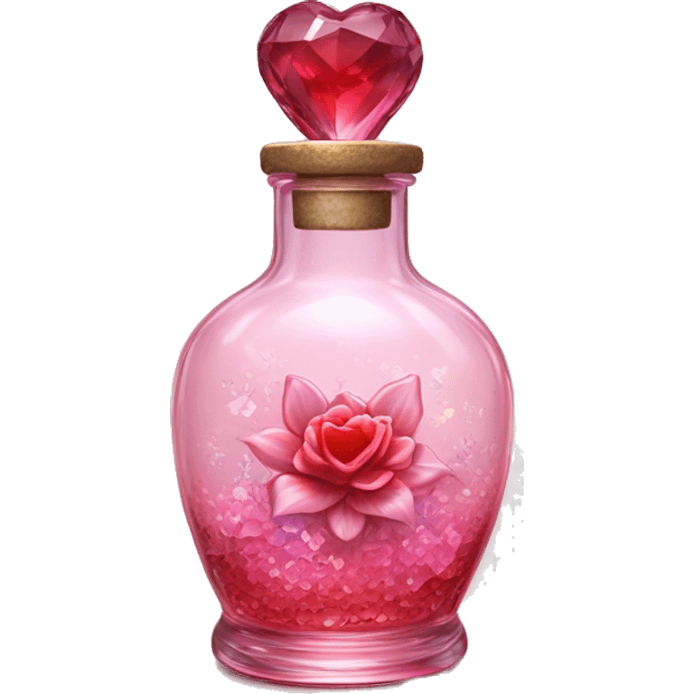 Antique oil heart bottle made of crystal glass of all gentle colors of the red and pink, a living flower fairy sits at the bottom of the bottle emoji