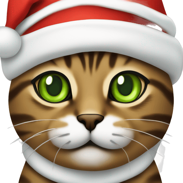 Brown tabby cat with green eyes wearing a Santa hat emoji