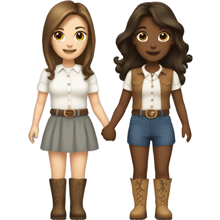 two brunette sisters both white, one with long hair, one with short hair. They are holding hands in cute mini dresses and cowboy boots emoji