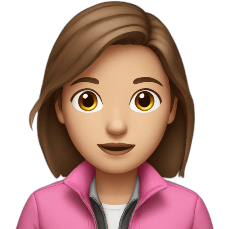 Brown hair girl in pink jacket working on ipad emoji