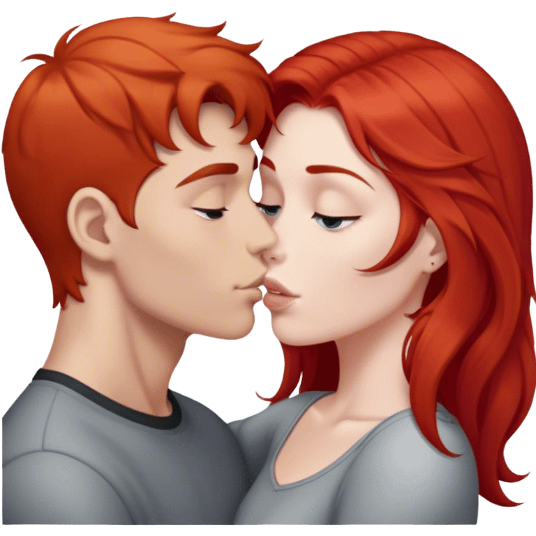 Long red hair woman kissing young man with short gray hair emoji