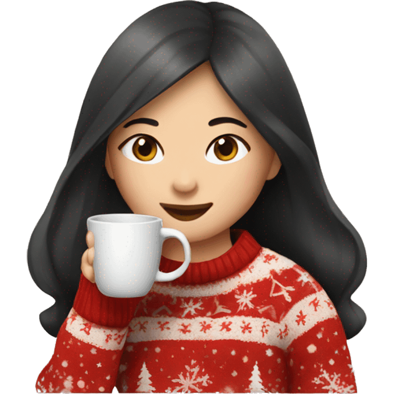 asian girl drinking coffee wearing Christmas sweater emoji