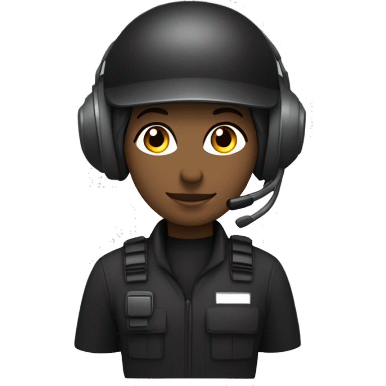 operator dressed in black with a milatary helmet, without glasses, wearing a headset, ready to respond to alerts, preferably female white emoji