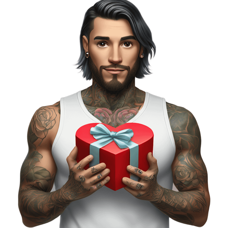 Hyper Realistic handsome tattooed man holding roses and a heart shaped gift box emoji