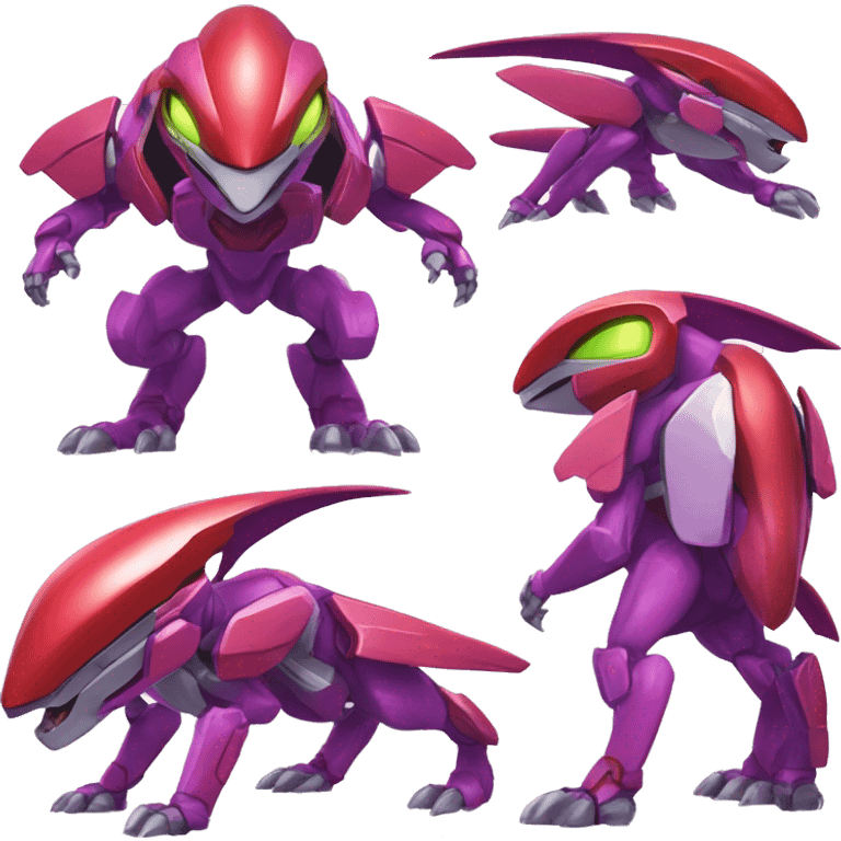 a shiny purple-red Genesect-Raptor-Fakémon—hybrid with a futuristic visor-helmet full body emoji