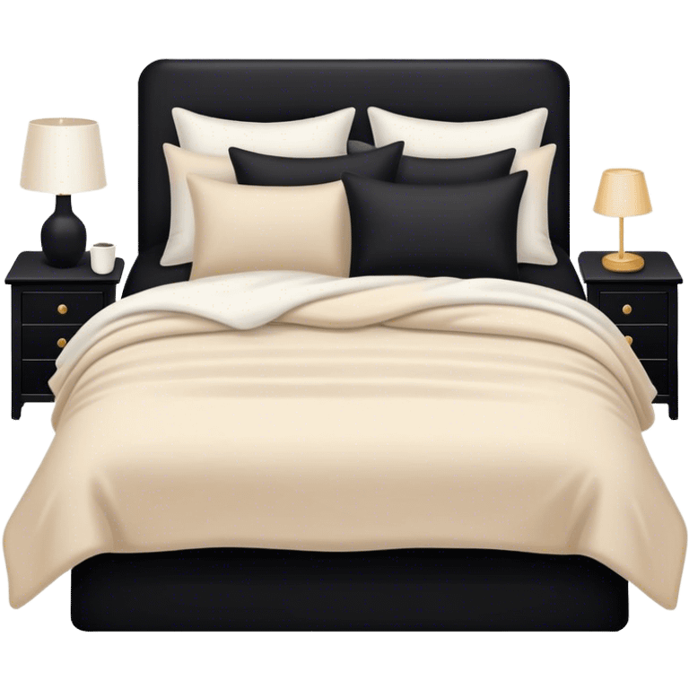 Black bed with pillows and blankets, cozy vibe white and beige emoji