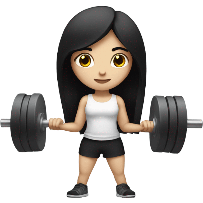 Pale girl with long black hair lifting weights emoji