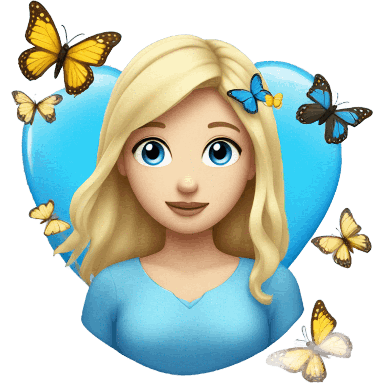 Face with blonde hair blue eyes butterflies and holding a blue heart emoji