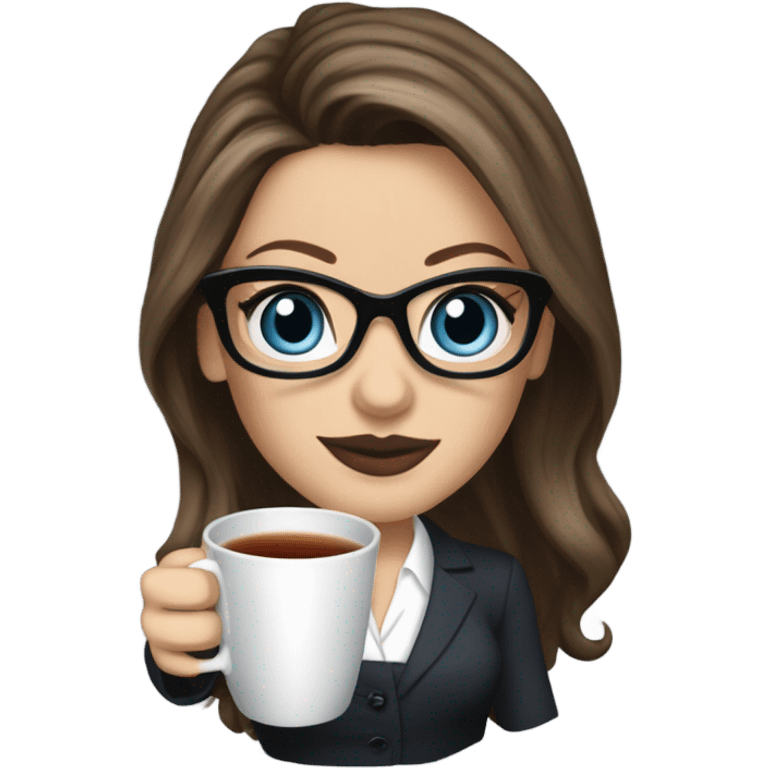 Realistic Kate Beckinsale blue eyes wearing glasses in a business dress drinking a cup of tea  emoji