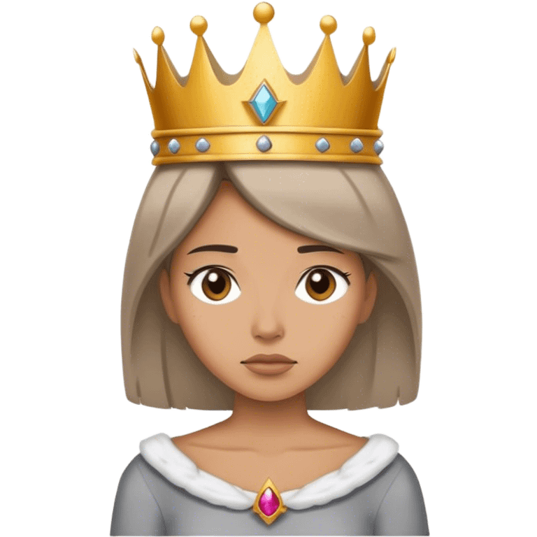 A woman in a simple outfit, holding a fallen crown, dull expression, gray background. emoji