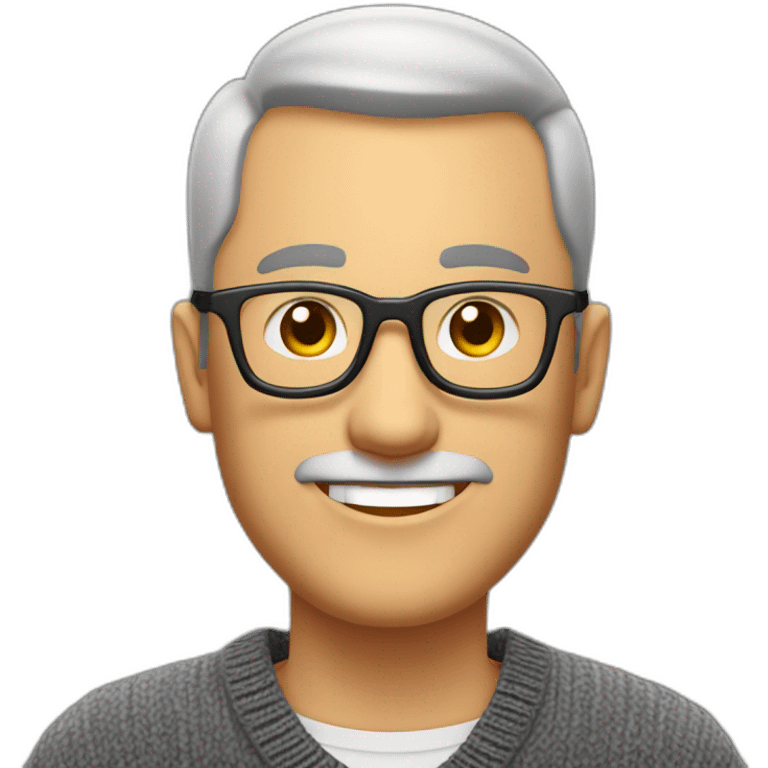 Middle age man with buzz cut salt and pepper hair, thick frame glasses, with broad smile, wearing a v-neck sweater emoji